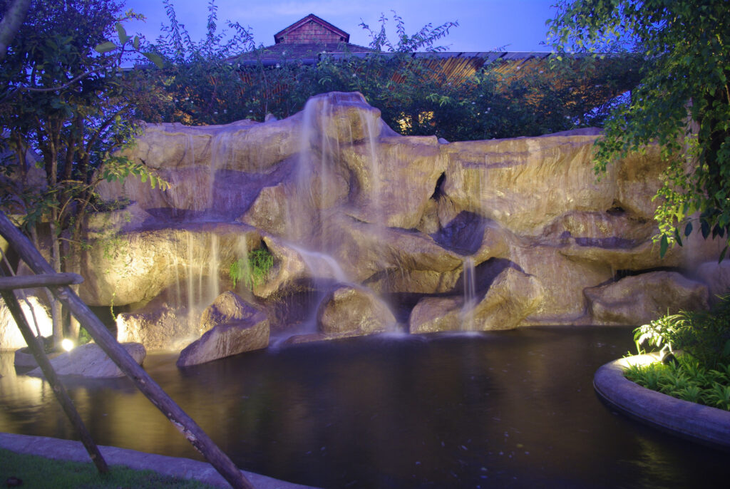Rich Miller Landscape Design Waterfall Fountain Lighting Night